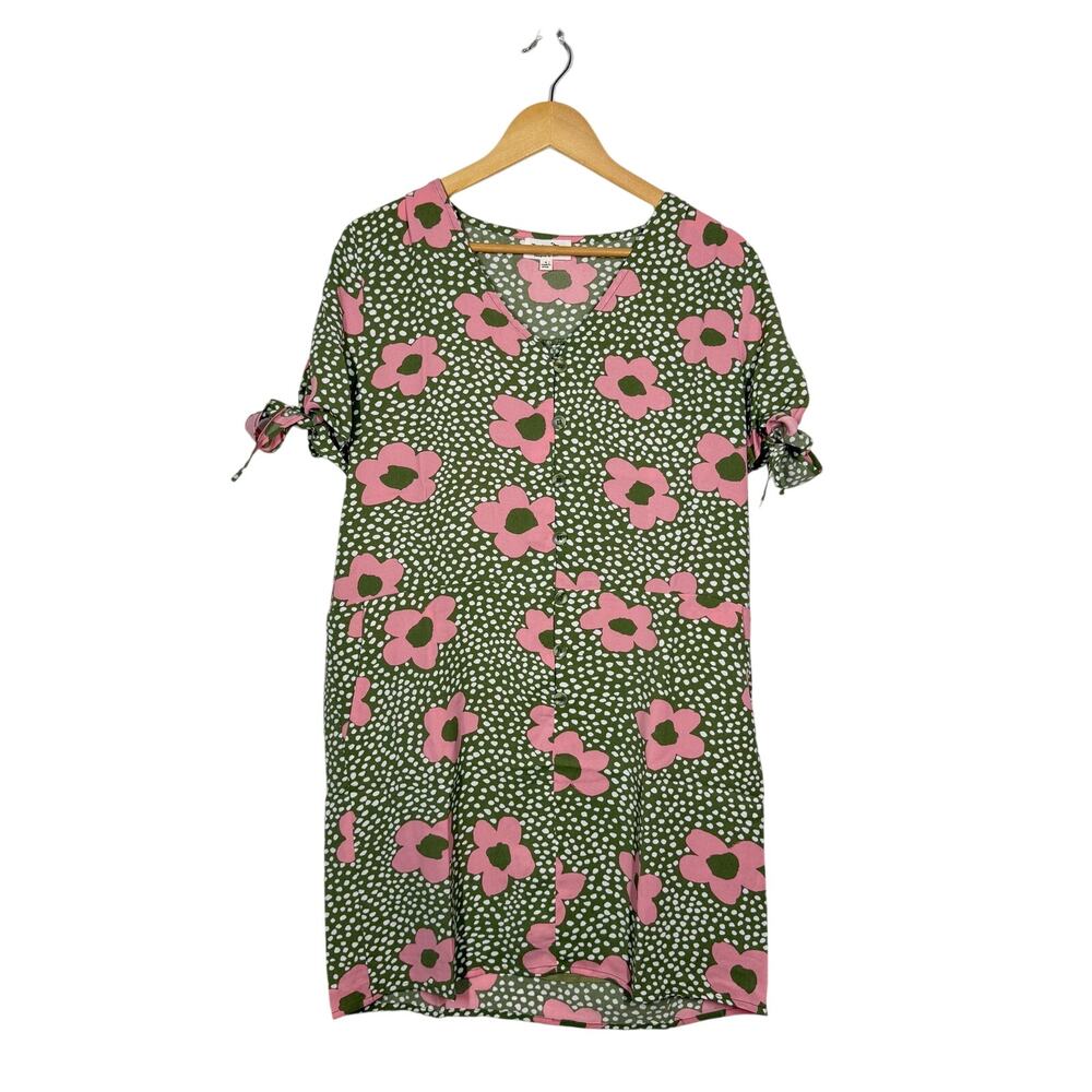 Tulip B Olive Green Pink Floral Dress Size Medium NWOT Polka Dot Button Front